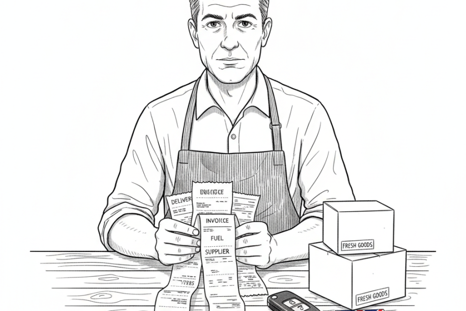 Pen-and-ink illustration of a small UK business owner checking delivery and food cost invoices, with a small tucked-away Union Jack as the only coloured element