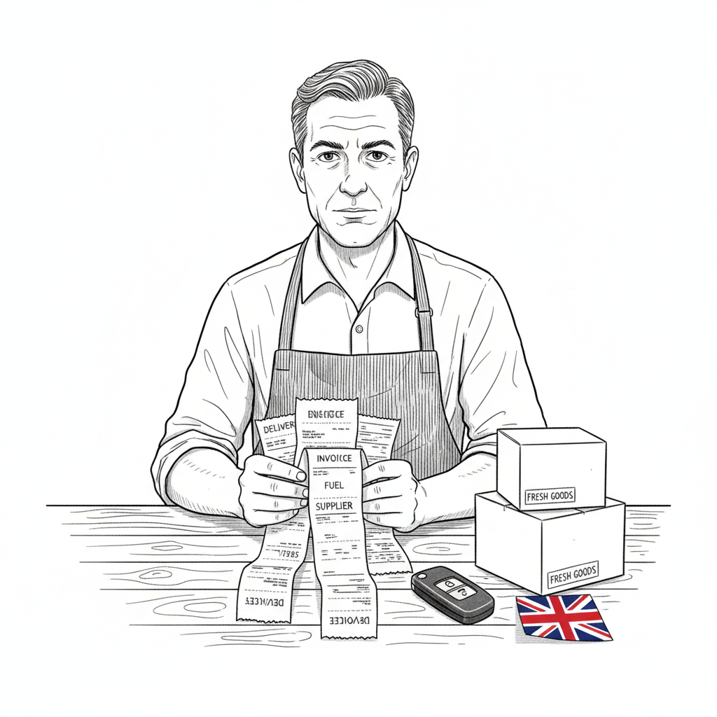 Pen-and-ink illustration of a small UK business owner checking delivery and food cost invoices, with a small tucked-away Union Jack as the only coloured element