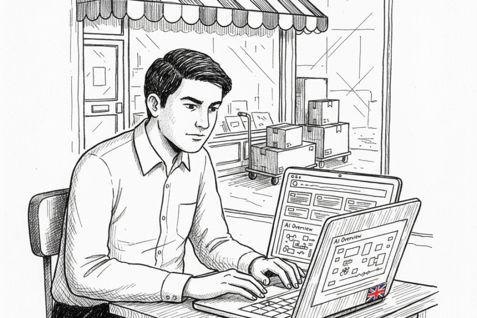 Pen-and-ink illustration of a small UK business owner reviewing search results on a laptop, with a small tucked-away Union Jack as the only coloured element