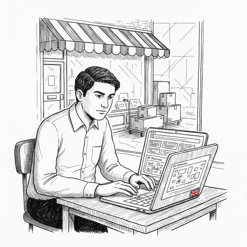 Pen-and-ink illustration of a small UK business owner reviewing search results on a laptop, with a small tucked-away Union Jack as the only coloured element