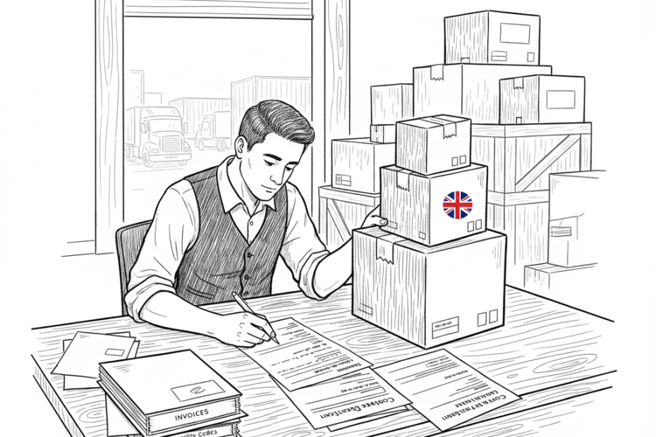 Pen-and-ink illustration of a small business owner checking import paperwork beside boxed goods, with a small tucked-away Union Jack as the only coloured element