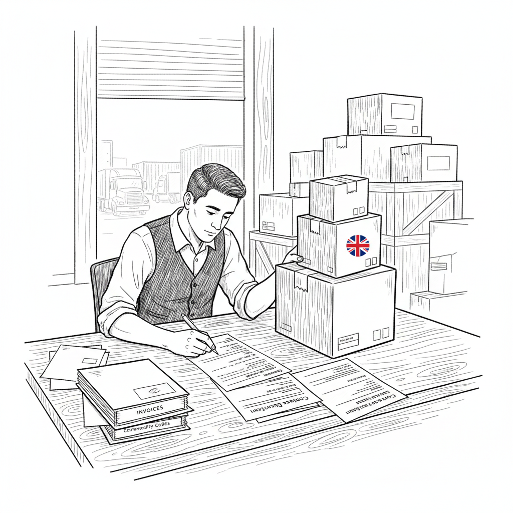 Pen-and-ink illustration of a small business owner checking import paperwork beside boxed goods, with a small tucked-away Union Jack as the only coloured element