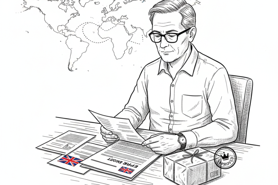 Pen-and-ink illustration of a small business owner reviewing export paperwork with a small Union Jack as the only coloured element