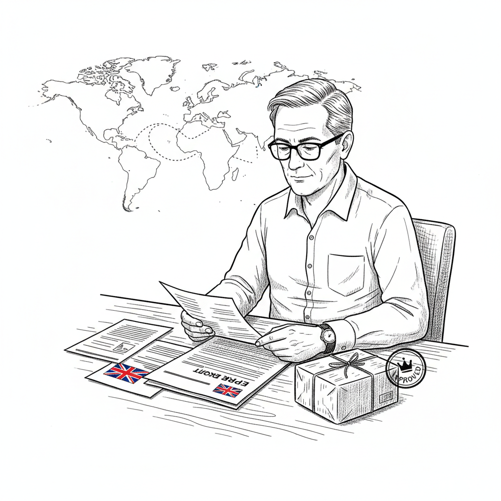 Pen-and-ink illustration of a small business owner reviewing export paperwork with a small Union Jack as the only coloured element