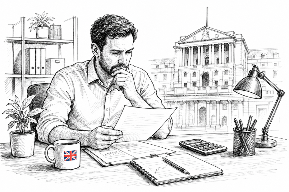 Pen-and-ink illustration of a small UK business owner reviewing loan and cash-flow papers, with a small tucked-away Union Jack as the only coloured element