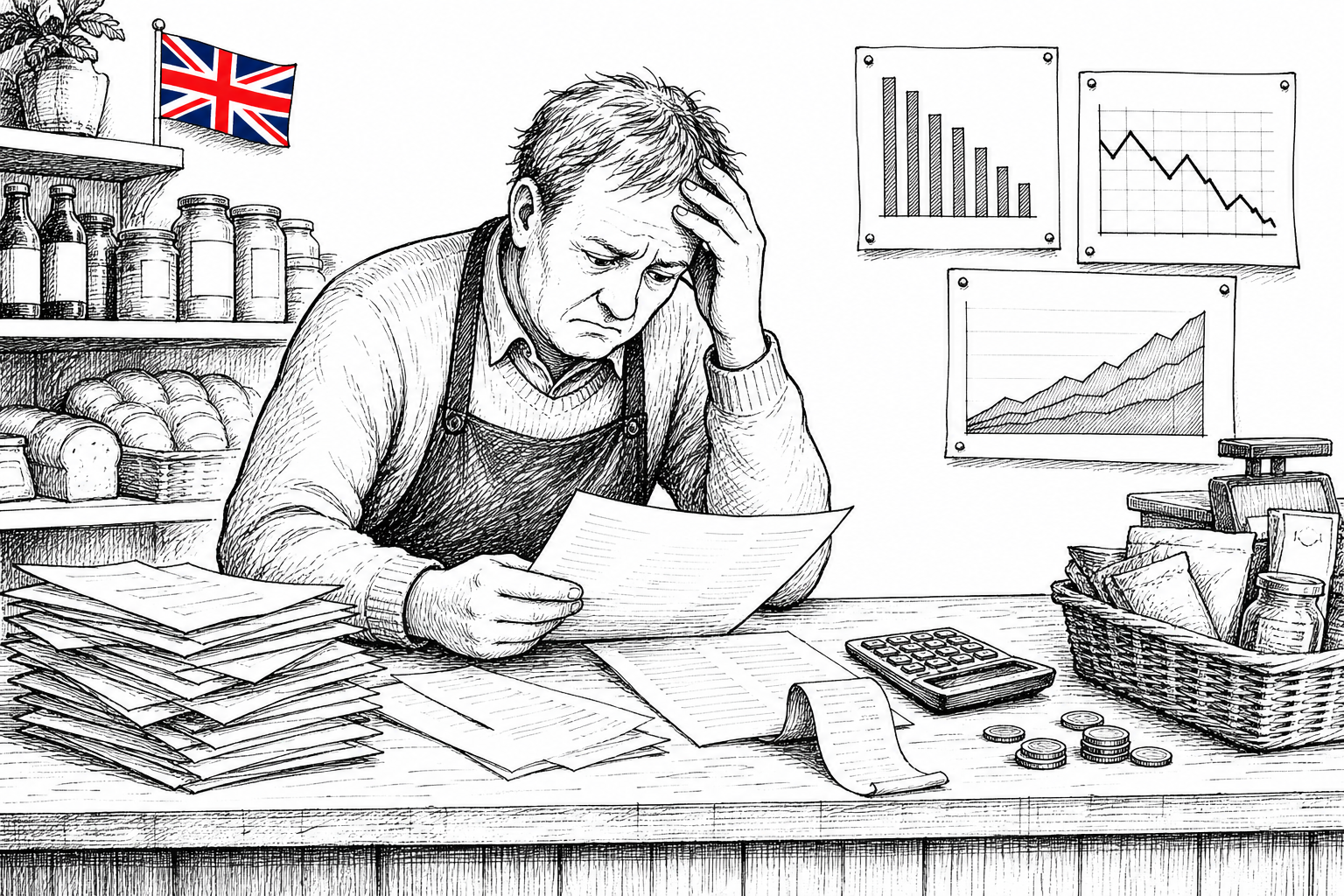 Pen-and-ink illustration of a small shop owner reviewing accounts beside a calculator and fuel receipt, with a small tucked-away Union Jack as the only coloured element