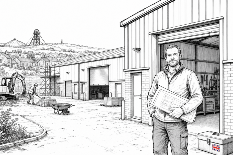 Pen-and-ink illustration of small industrial units beside a workshop owner with plans, with a small tucked-away Union Jack as the only coloured element
