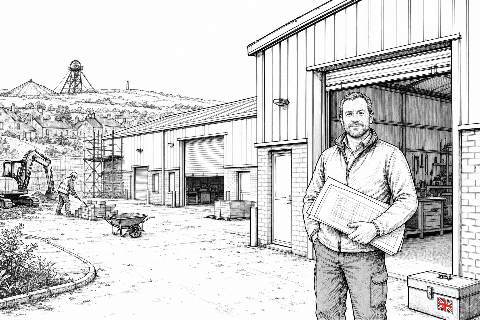 Pen-and-ink illustration of small industrial units beside a workshop owner with plans, with a small tucked-away Union Jack as the only coloured element