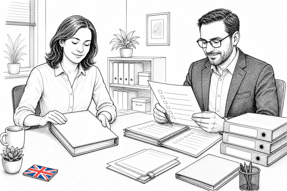 Pen-and-ink illustration of a small business owner closing a ledger beside a regulated insolvency practitioner, with a small tucked-away Union Jack as the only coloured element