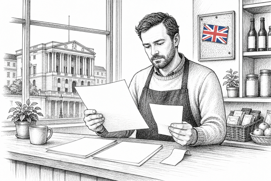 Pen-and-ink illustration of a small business owner reviewing bills beside a shop counter and fuel receipt, with a small tucked-away Union Jack as the only coloured element