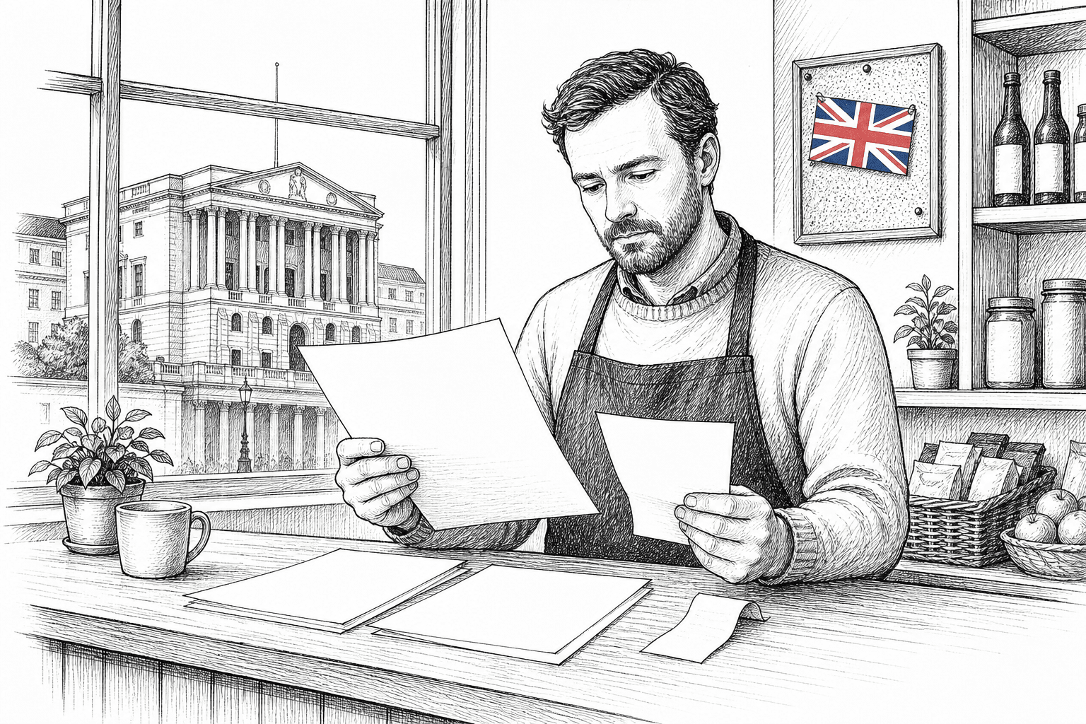 Pen-and-ink illustration of a small business owner reviewing bills beside a shop counter and fuel receipt, with a small tucked-away Union Jack as the only coloured element