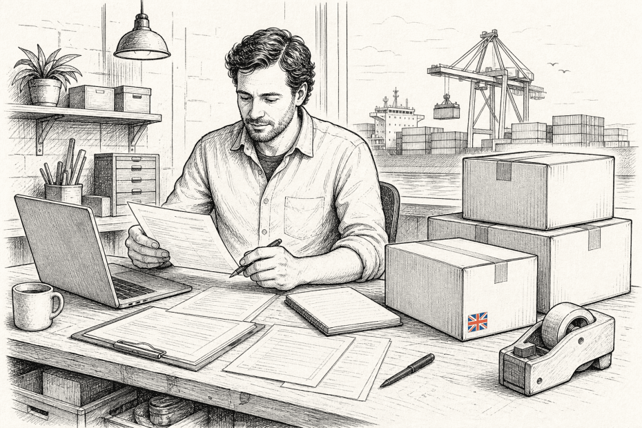 Pen-and-ink illustration of a small importer checking customs paperwork beside boxes and a laptop, with a small tucked-away Union Jack as the only coloured element