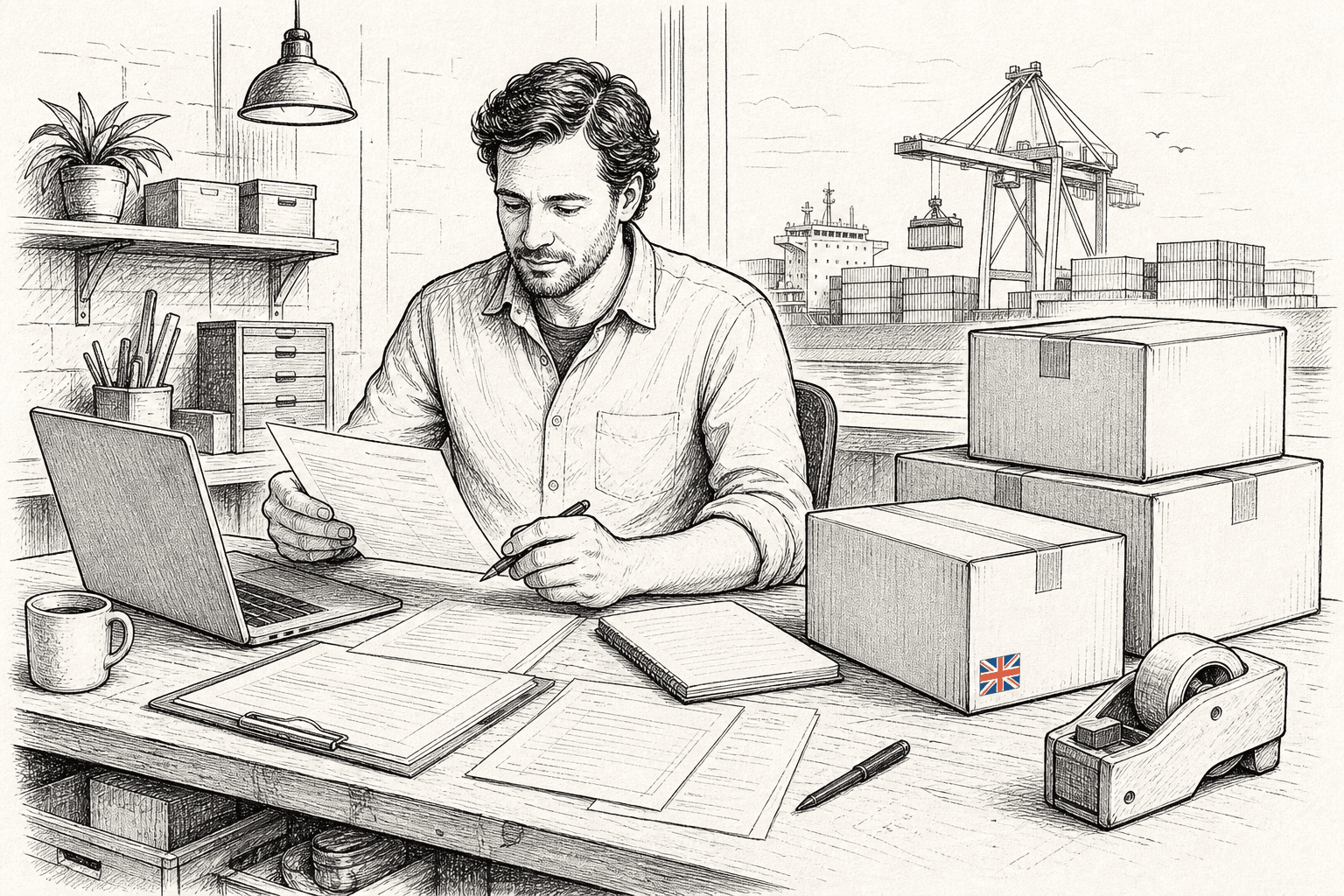 Pen-and-ink illustration of a small importer checking customs paperwork beside boxes and a laptop, with a small tucked-away Union Jack as the only coloured element