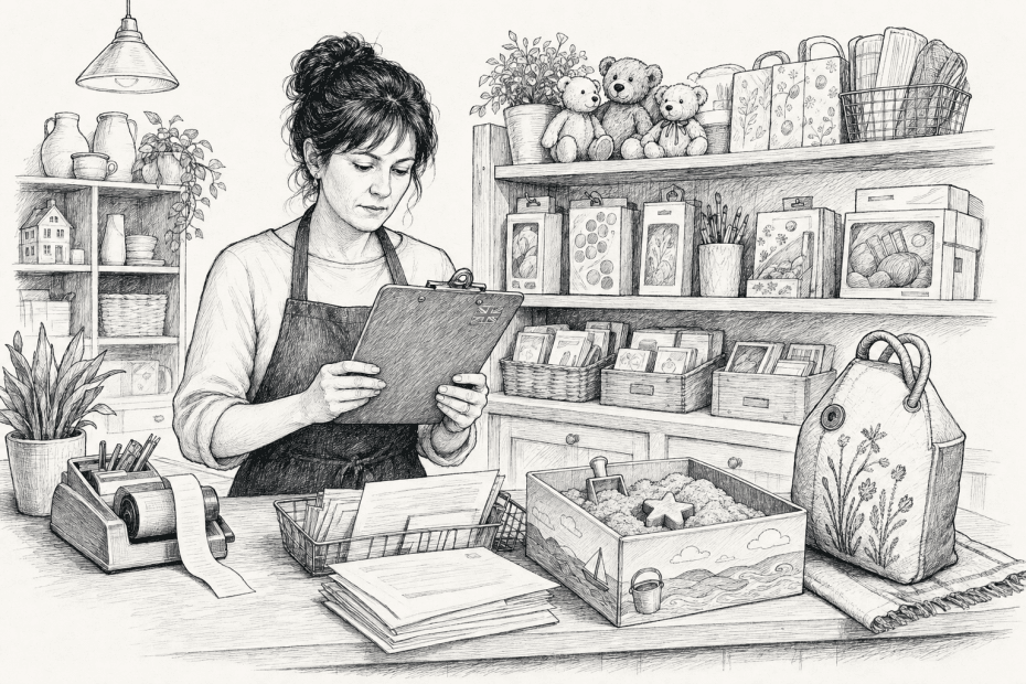 Pen-and-ink illustration of a small retailer checking recalled craft kits and product safety paperwork, with a small tucked-away Union Jack as the only coloured element