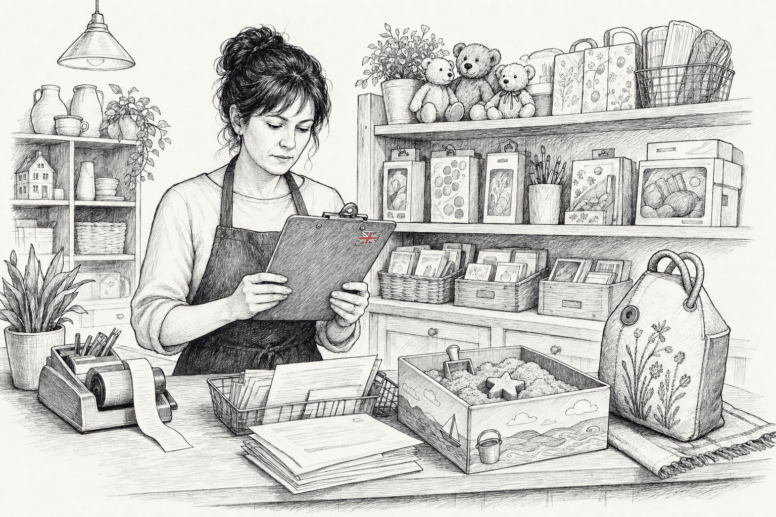 Pen-and-ink illustration of a small retailer checking recalled craft kits and product safety paperwork, with a small tucked-away Union Jack as the only coloured element