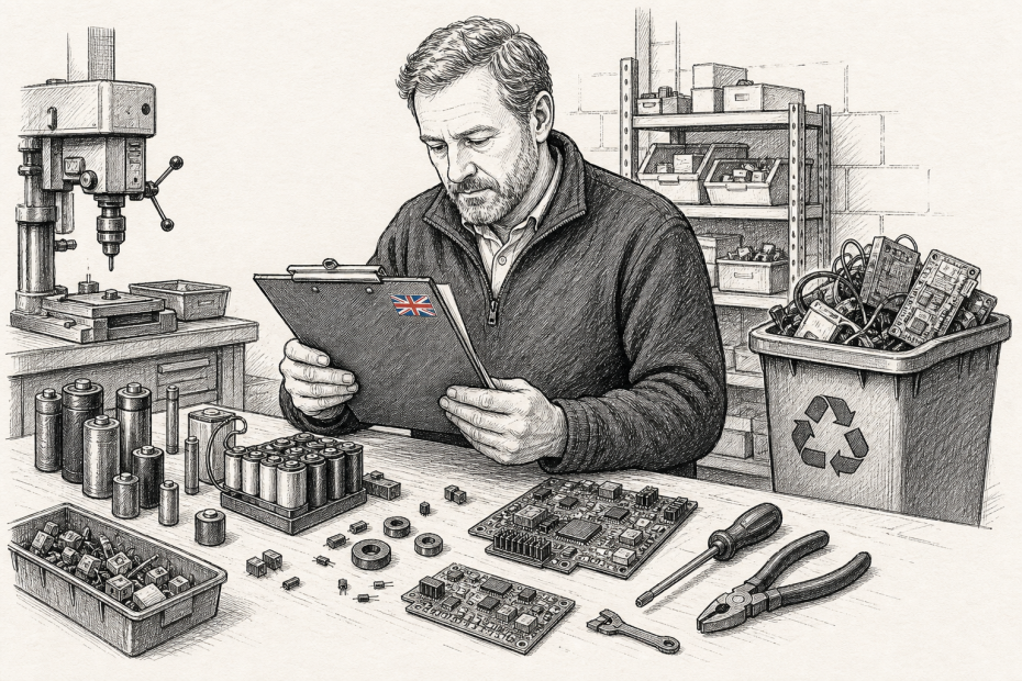 Pen-and-ink illustration of a small UK manufacturer checking component supply paperwork beside batteries, magnets and recycling bins, with a small tucked-away Union Jack as the only coloured element