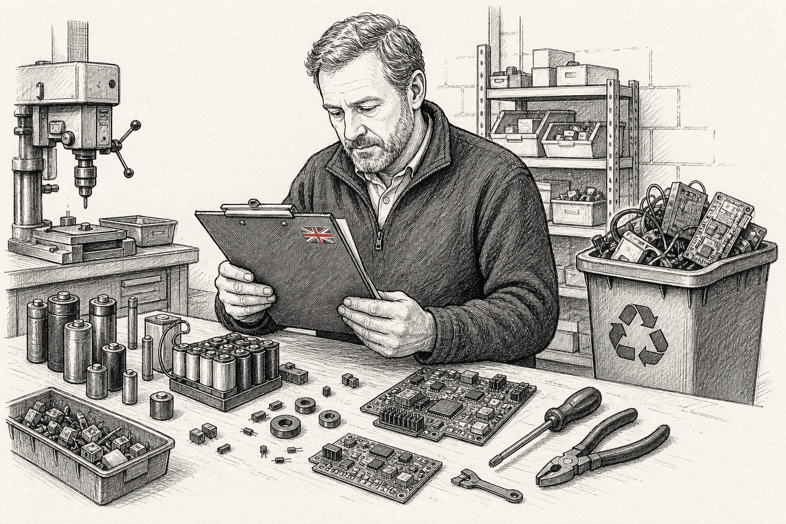 Pen-and-ink illustration of a small UK manufacturer checking component supply paperwork beside batteries, magnets and recycling bins, with a small tucked-away Union Jack as the only coloured element