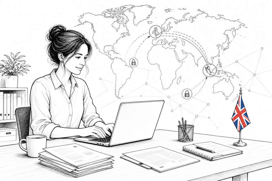 Pen-and-ink illustration of a small UK business owner using a laptop for overseas digital trade, with a small tucked-away Union Jack as the only coloured element