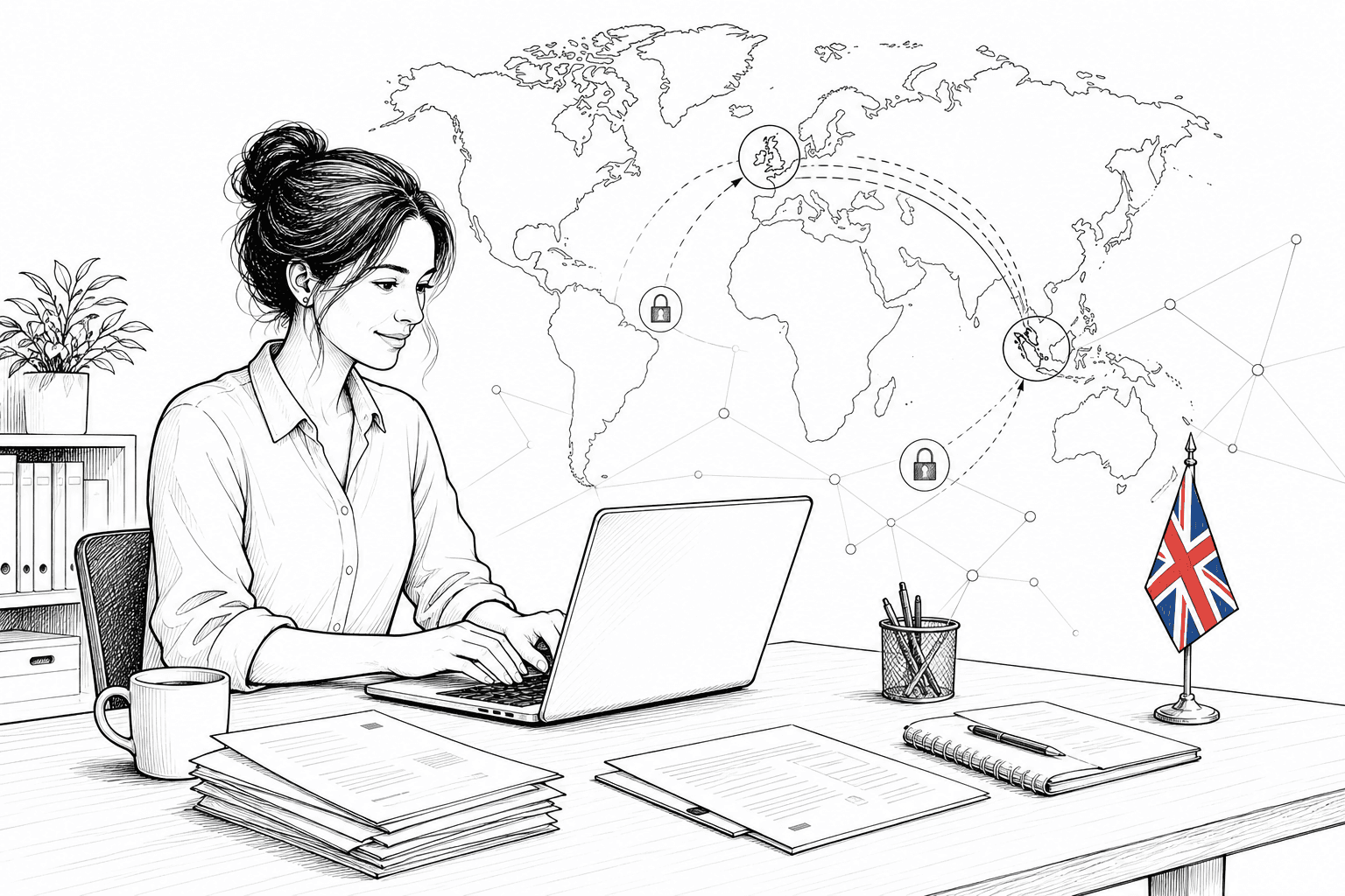 Pen-and-ink illustration of a small UK business owner using a laptop for overseas digital trade, with a small tucked-away Union Jack as the only coloured element