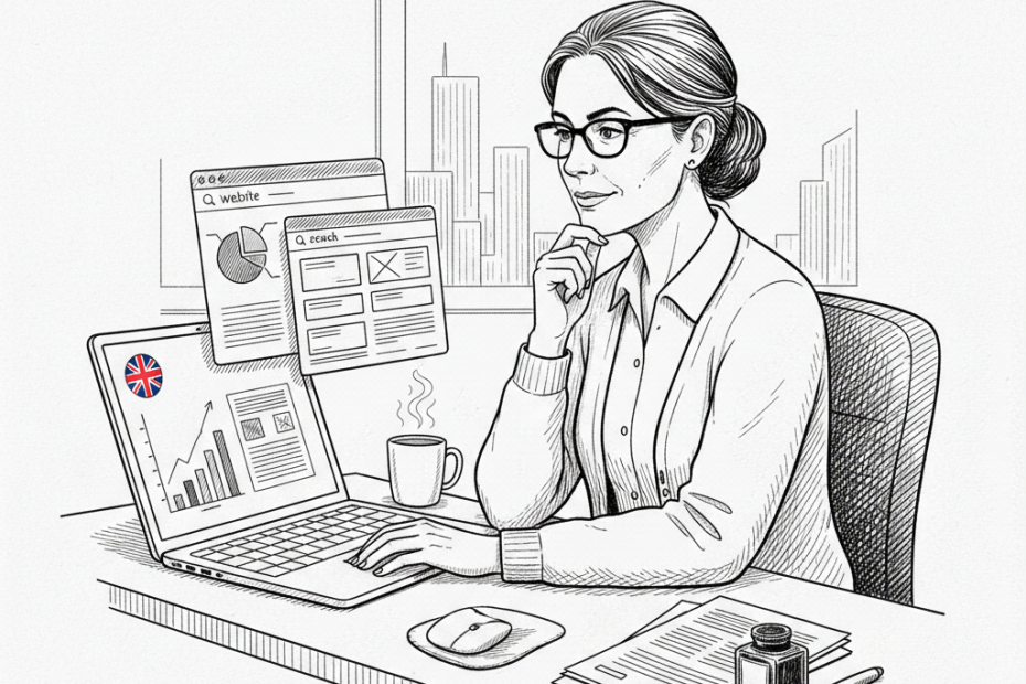 Pen-and-ink illustration of a small publisher reviewing search results and website analytics, with a small tucked-away Union Jack as the only coloured element