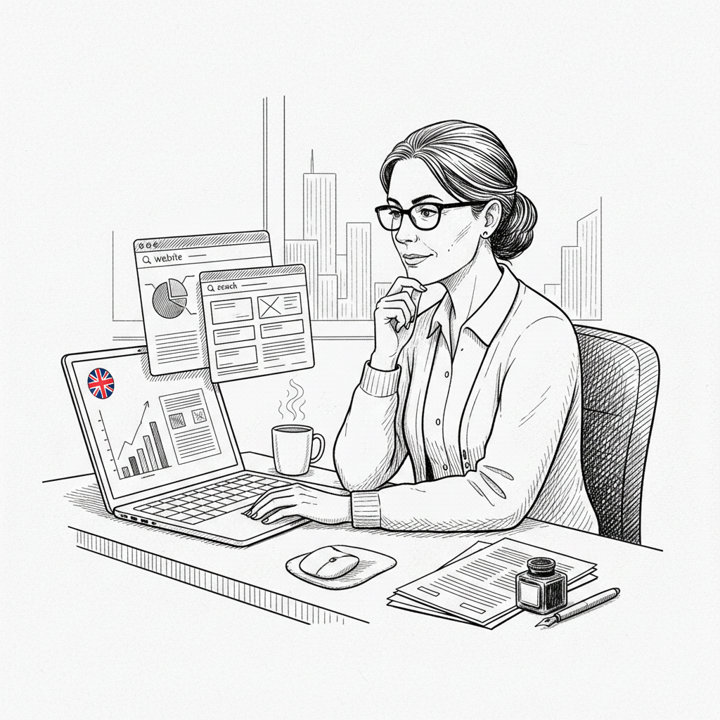 Pen-and-ink illustration of a small publisher reviewing search results and website analytics, with a small tucked-away Union Jack as the only coloured element