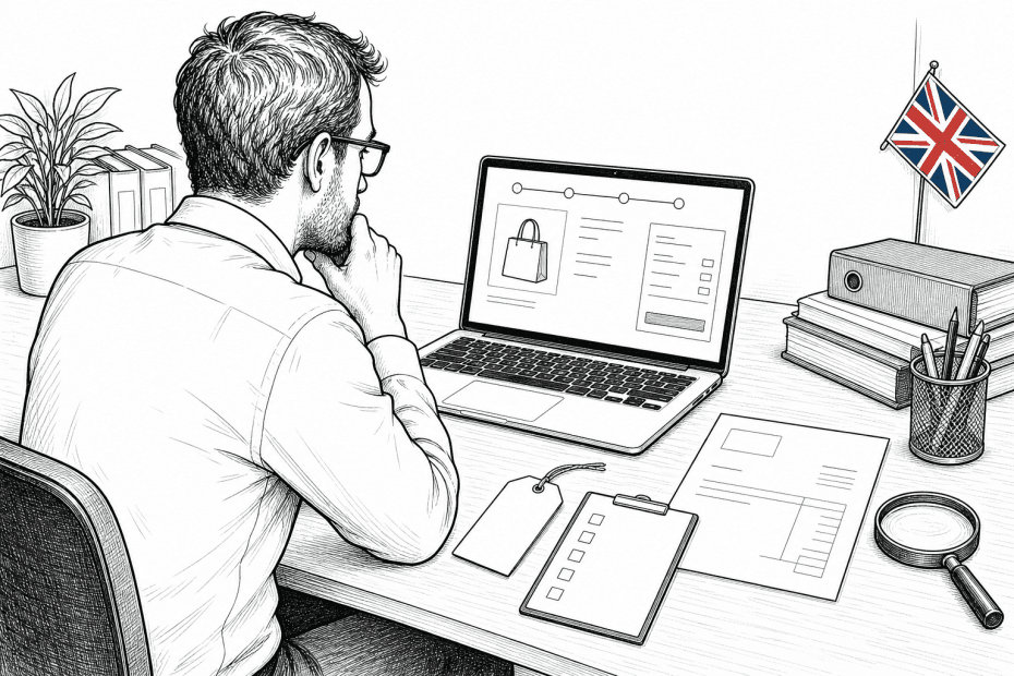 Pen-and-ink illustration of a small online business owner checking clear upfront prices on a laptop, with a small tucked-away Union Jack as the only coloured element