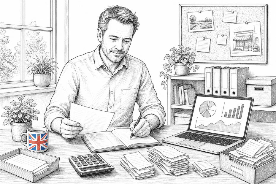 Pen-and-ink illustration of a small business owner reviewing tax records at a desk, with a small tucked-away Union Jack as the only coloured element