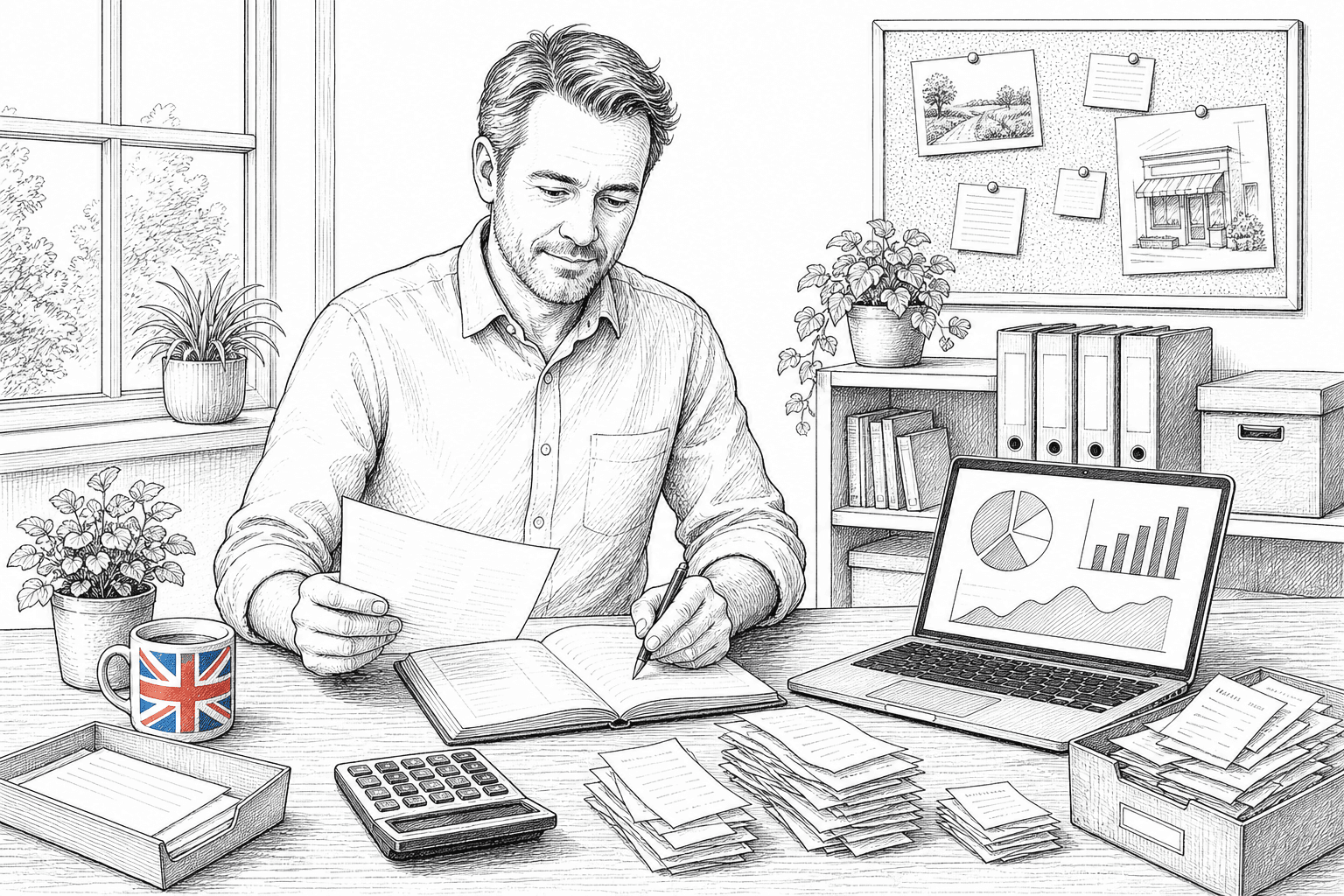Pen-and-ink illustration of a small business owner reviewing tax records at a desk, with a small tucked-away Union Jack as the only coloured element