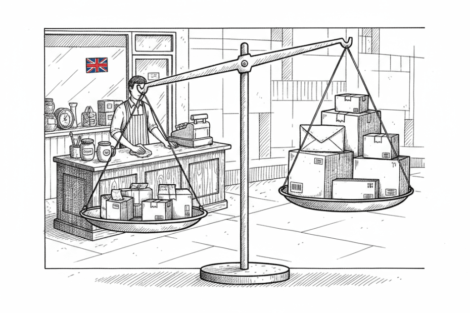 Pen-and-ink illustration of a UK high street shop facing online marketplace parcels, with a small Union Jack as the only coloured element
