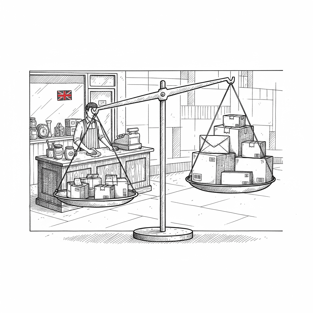 Pen-and-ink illustration of a UK high street shop facing online marketplace parcels, with a small Union Jack as the only coloured element