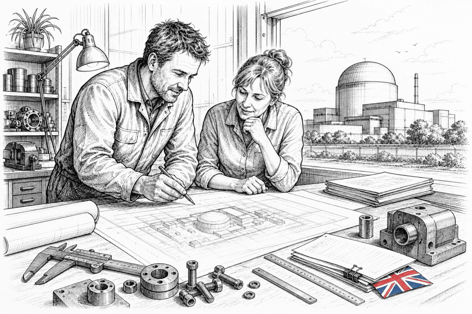 Pen-and-ink illustration of a small engineering supplier reviewing plans for a clean energy project, with a small tucked-away Union Jack as the only coloured element