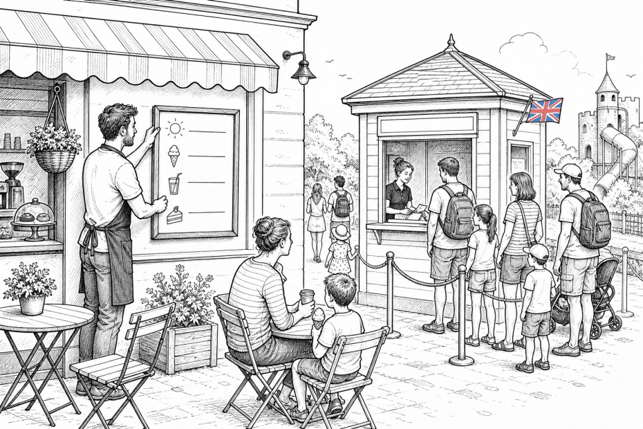 Pen-and-ink illustration of a small cafe and family attraction preparing summer price boards, with a small tucked-away Union Jack as the only coloured element
