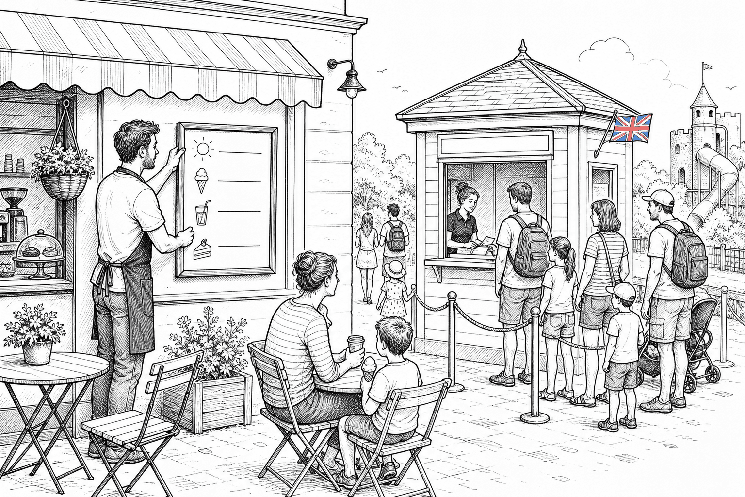 Pen-and-ink illustration of a small cafe and family attraction preparing summer price boards, with a small tucked-away Union Jack as the only coloured element