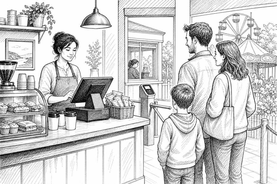 Pen-and-ink illustration of a small cafe and family attraction ticket desk with a small tucked-away Union Jack as the only coloured element