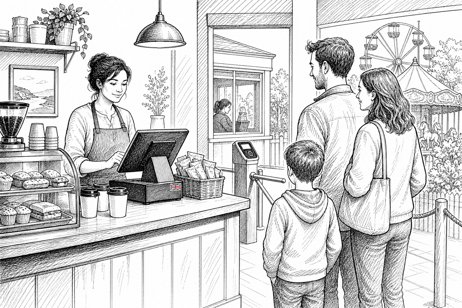 Pen-and-ink illustration of a small cafe and family attraction ticket desk with a small tucked-away Union Jack as the only coloured element
