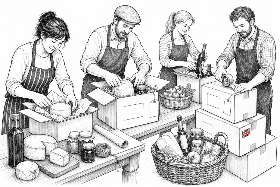 Pen-and-ink illustration of small food producers preparing export boxes, with a small tucked-away Union Jack as the only coloured element