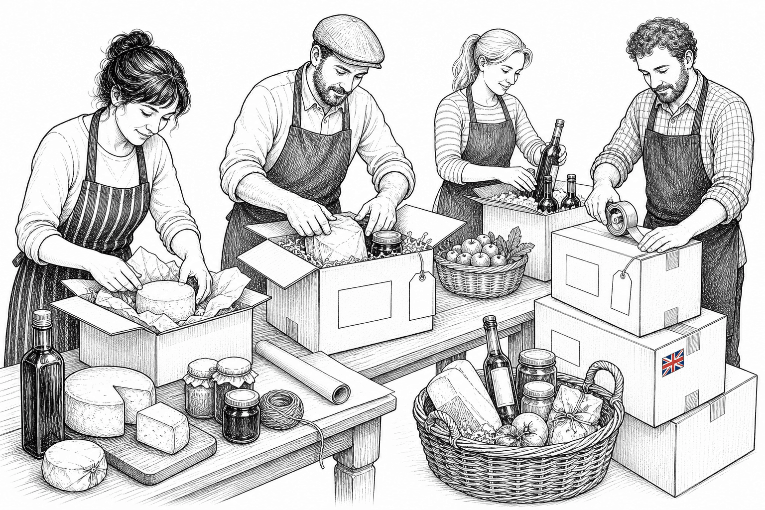 Pen-and-ink illustration of small food producers preparing export boxes, with a small tucked-away Union Jack as the only coloured element