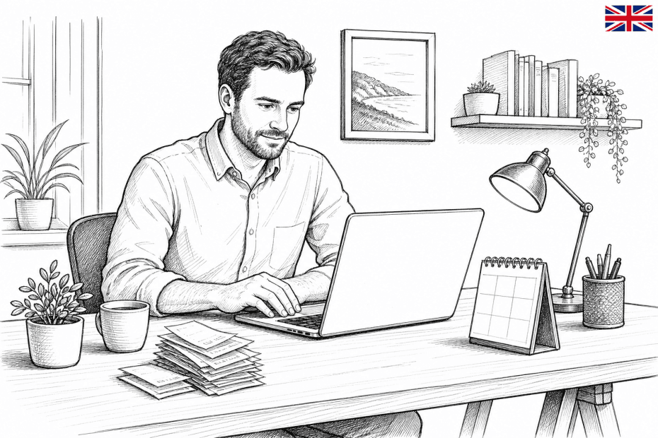 Pen-and-ink illustration of a sole trader checking digital tax records on a laptop, with a small tucked-away Union Jack as the only coloured element