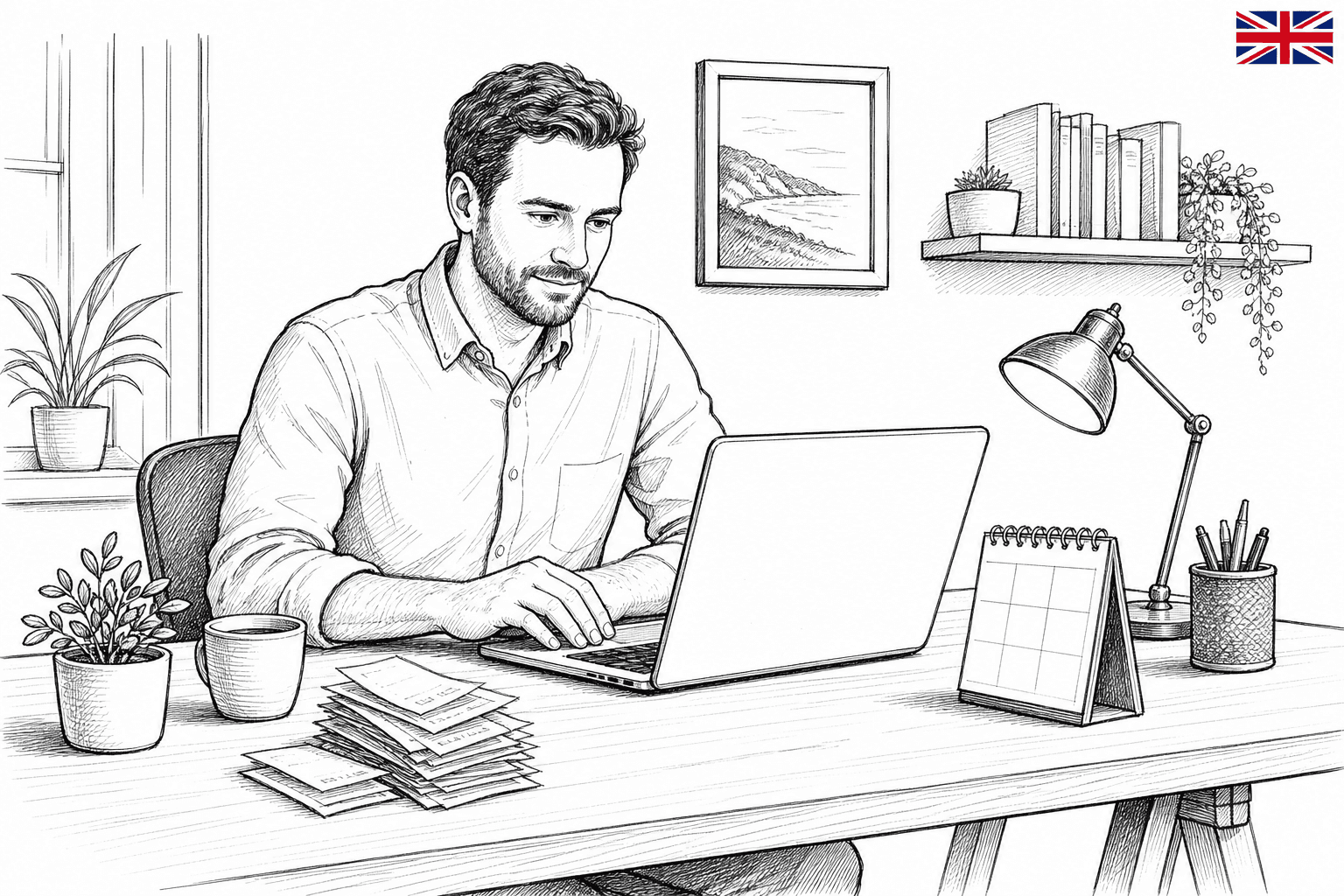 Pen-and-ink illustration of a sole trader checking digital tax records on a laptop, with a small tucked-away Union Jack as the only coloured element