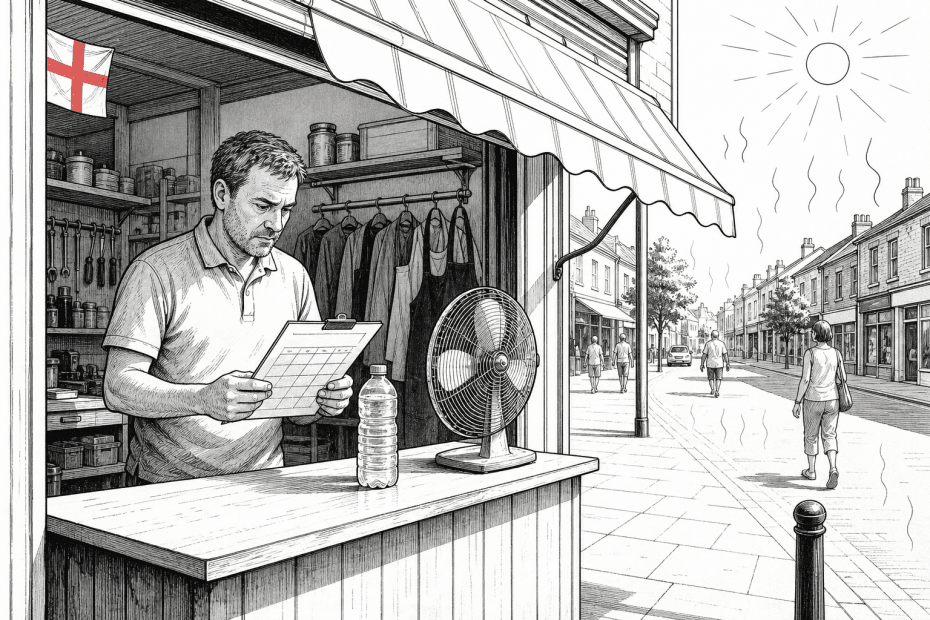 Pen-and-ink illustration of a small high street business using fans and shade during hot weather, with a small tucked-away St George's Cross as the only coloured element