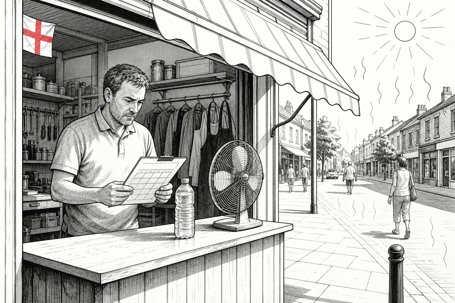 Pen-and-ink illustration of a small high street business using fans and shade during hot weather, with a small tucked-away St George's Cross as the only coloured element