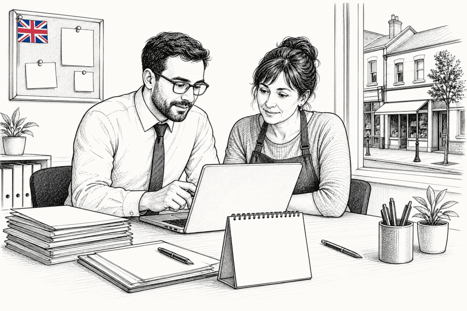 Pen-and-ink illustration of an accountant helping a small business owner review digital tax records on a laptop, with a small tucked-away Union Jack as the only coloured element