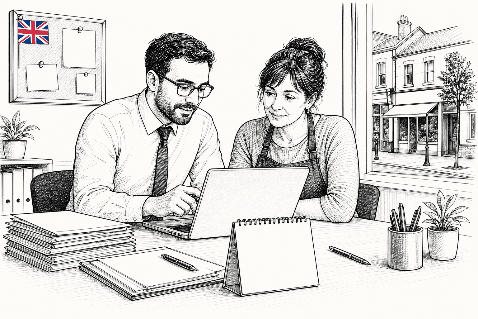 Pen-and-ink illustration of an accountant helping a small business owner review digital tax records on a laptop, with a small tucked-away Union Jack as the only coloured element