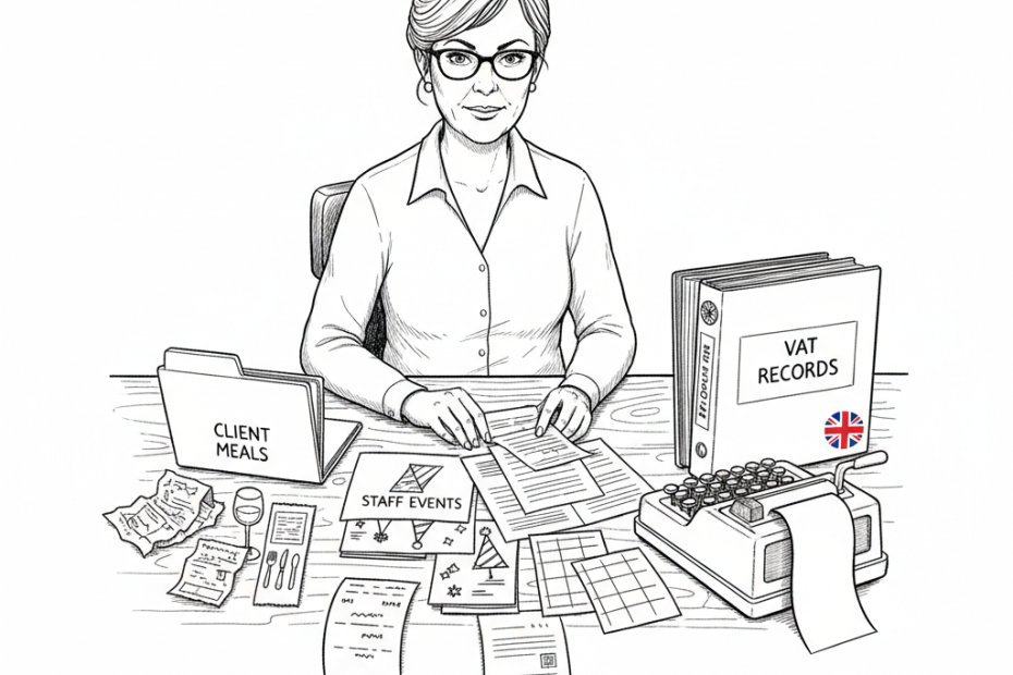Pen-and-ink illustration of a small business owner sorting hospitality receipts and VAT records, with a small tucked-away Union Jack as the only coloured element