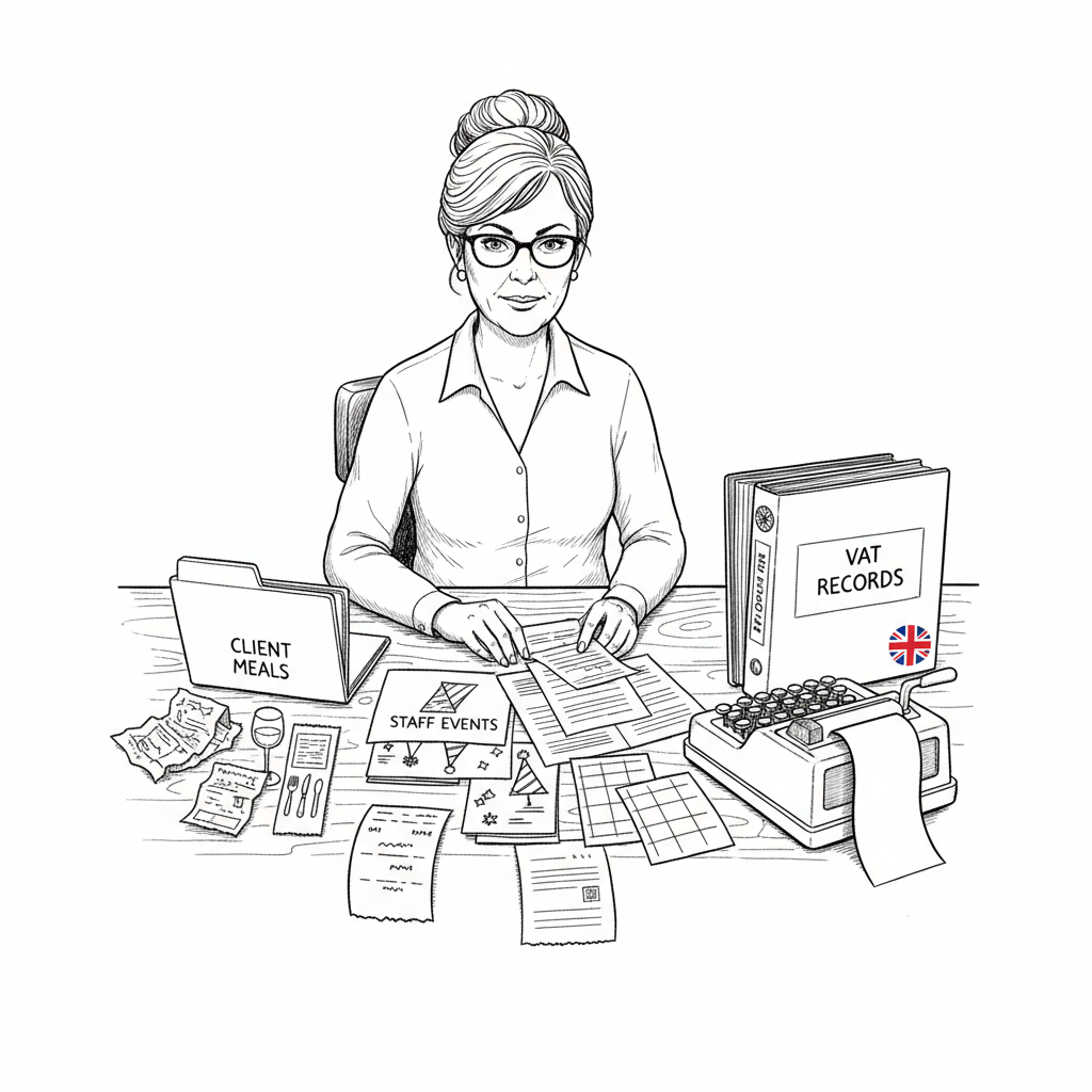 Pen-and-ink illustration of a small business owner sorting hospitality receipts and VAT records, with a small tucked-away Union Jack as the only coloured element