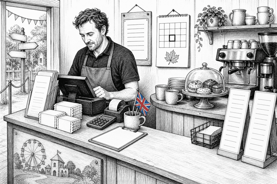Pen-and-ink illustration of a small family attraction ticket desk and cafe counter preparing summer price signs, with a small tucked-away Union Jack as the only coloured element