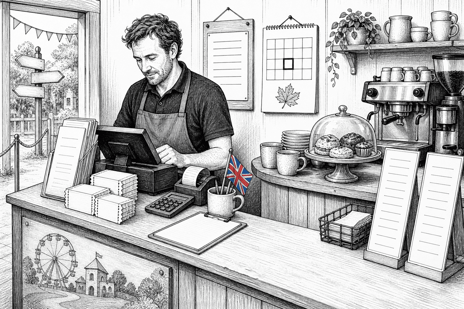 Pen-and-ink illustration of a small family attraction ticket desk and cafe counter preparing summer price signs, with a small tucked-away Union Jack as the only coloured element
