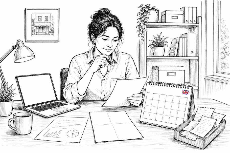 Pen-and-ink illustration of a small business owner reviewing a July tax payment calendar and cash-flow notes, with a small tucked-away Union Jack as the only coloured element