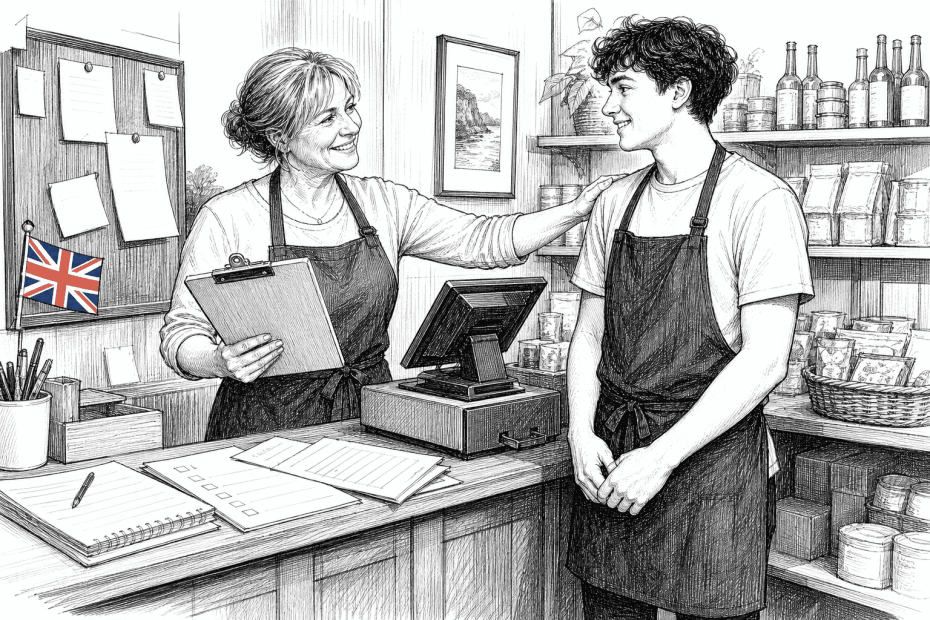 Pen-and-ink illustration of a small business owner welcoming a young worker into a shop, with a small tucked-away Union Jack as the only coloured element