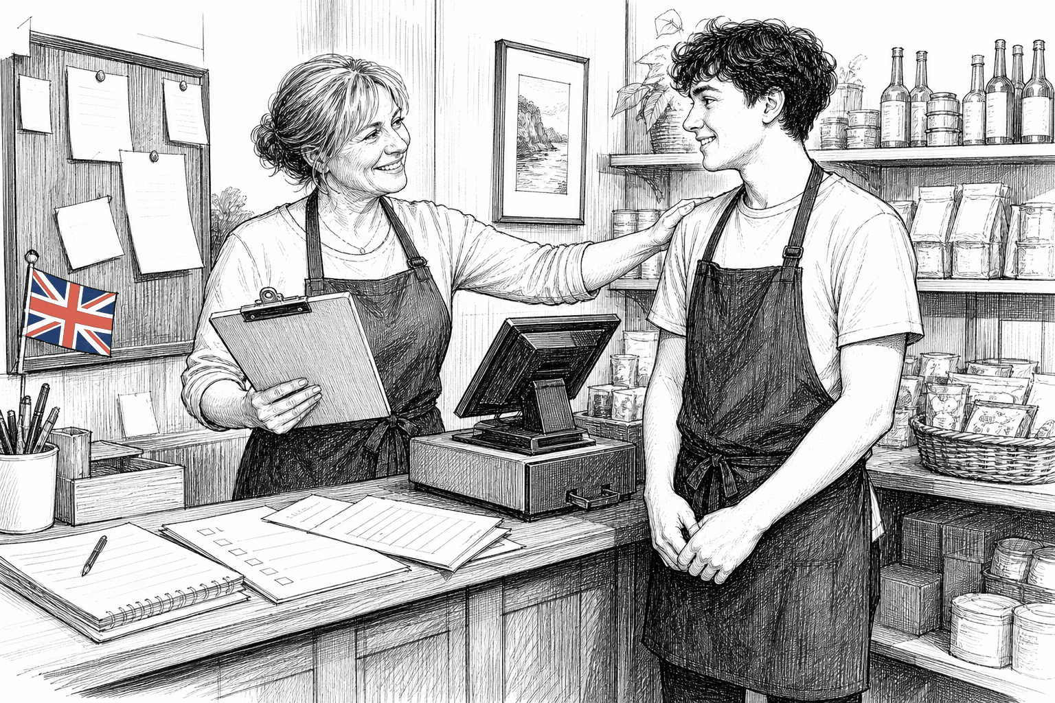 Pen-and-ink illustration of a small business owner welcoming a young worker into a shop, with a small tucked-away Union Jack as the only coloured element